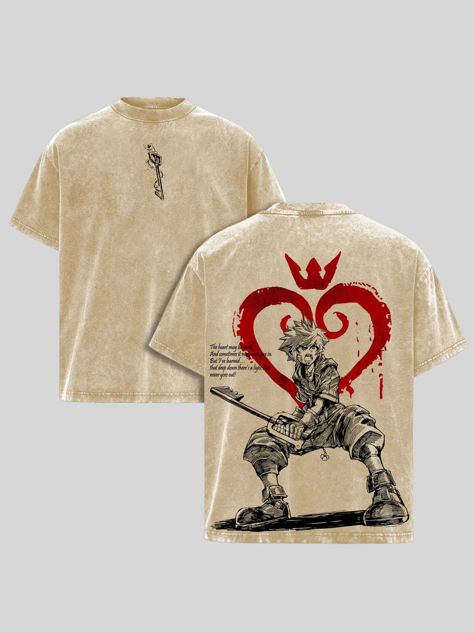 Sora Kingdom Hearts Tee Washed – Kingdom Hearts Vintage Washed Heavy Cotton Oversized Graphic T-Shirt, Retro Anime Game Crossover Streetwear, Keyblade Wielder Heartless Emblem Edition, Unisex Aesthetic Top