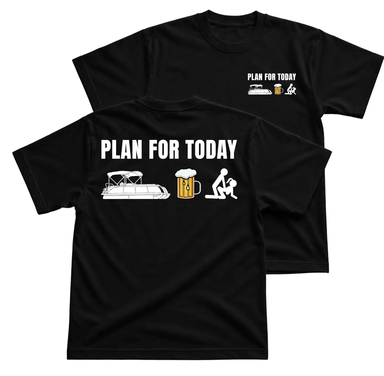 Plan For Today Pontoon Beer Lake T-Shirt, Funny Lake Day Graphic Tee With Boat Beer Icons Back Print, Front Chest Mini Graphic Shirt, Summer Boating Party Outfit, Casual Weekend Apparel Gift for Men and Women