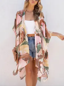 Women's All Over Print Batwing Sleeve Kimono, Casual Open Front Kimono, Ladies Summer Swimwear for Beach Vacation Holiday, Bold Colors and Designs, Womenswear