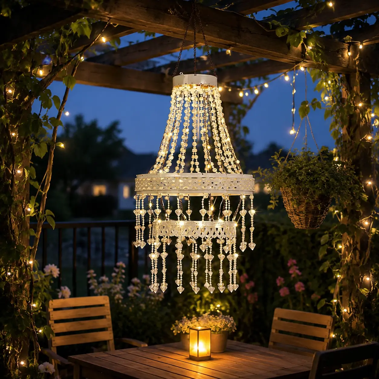 Solar Hanging Crystal Chandelier Outdoor Decorative Garden Light | Acrylic crystals with 74 warm LEDs powerful solar battery for elegant, waterproof garden gazebo, party, wedding, tree decor