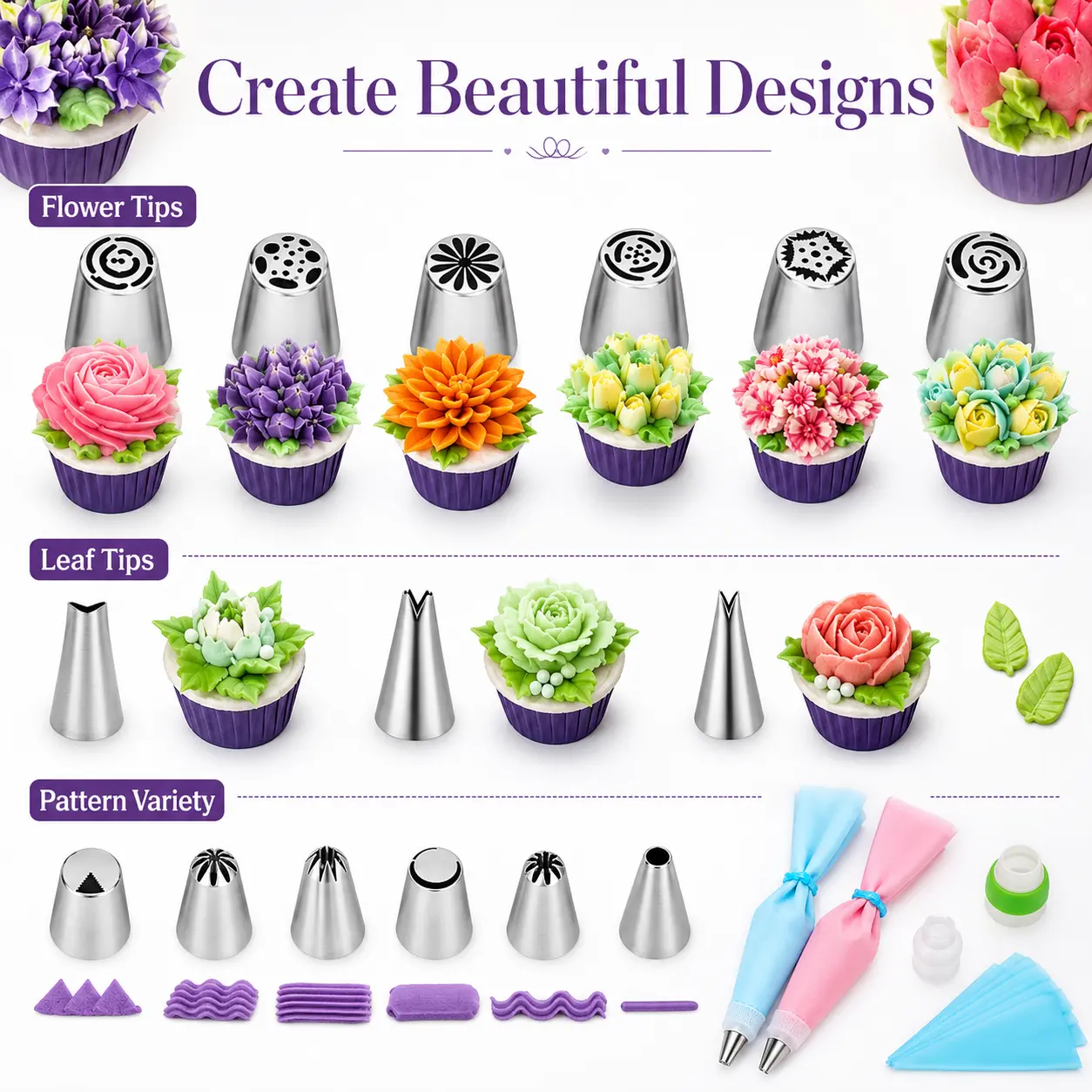 Piping Tips Set,  Flower Frosting Nozzles Icing Tips for Cake Decorating Tips Kit, Baking Supplies for Cookie Cupcake,  Leaf Piping Tips Couplers Pastry Baking Bags and  reusable silicone bag