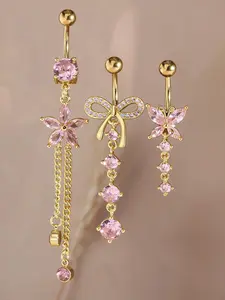 3-Piece Women's Y2K Artificial Zircon Belly Ring Set, Heart Butterfly Flower Teardrop Pendant, Beach Party Fashion Jewelry, Belly Piercing Jewelry, Body Jewelry, Belly Button Jewelry