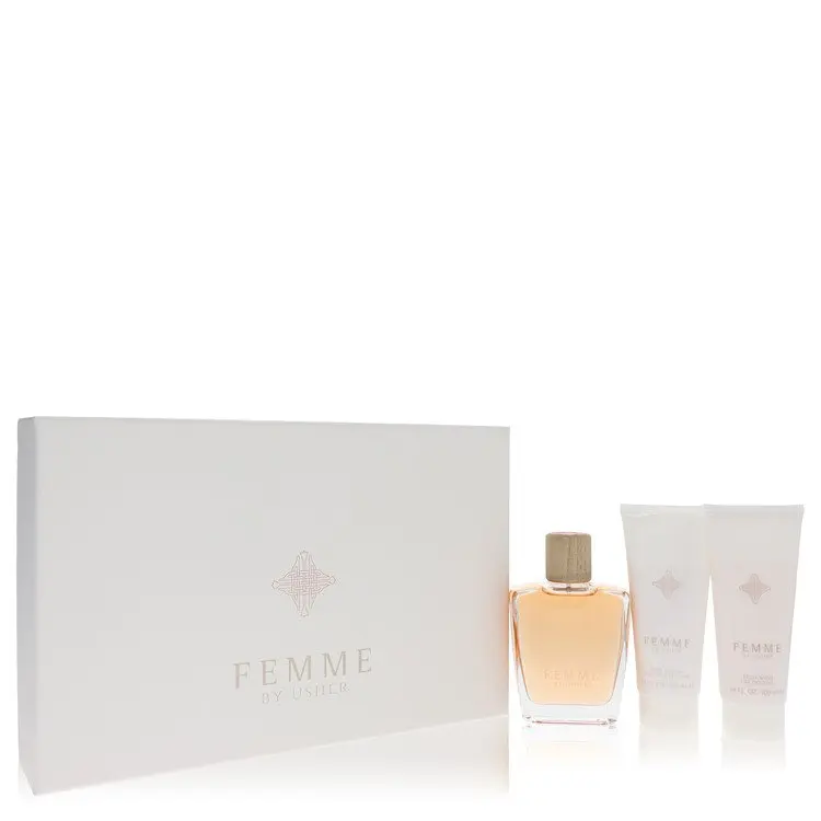Usher Femme 3-Piece Fragrance Gift Set for Scent Layering - 3.4 fl oz EDP, Body Lotion & Shower Gel - Fruity Floral Scent for Women, Bright Top Notes, 3.4Oz, Pear, Berry, Body Care, Bergamot, Scented, Layered, Layering Perfume, Spray + Lotion