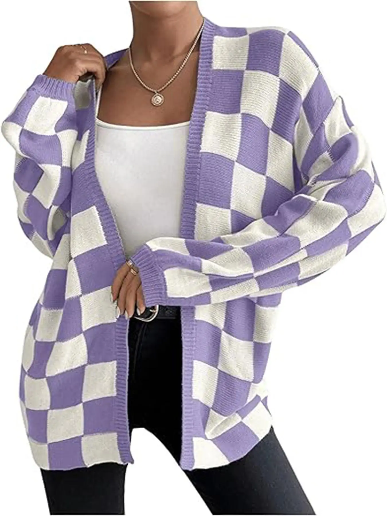 Plus Size Women's Fall Winter Halloween Plaid Drop Shoulder Cardigan, Vintage Patchwork Knit Skirt, Casual V Neck Sweater