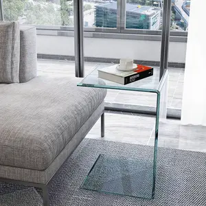 15.36" Modern C-Shaped Whole Tempered Glass End Table, 12mm Thick Clear Bent Glass Side Table, No Assembly Transparent Accent Table for Sofa Couch Living Room Bedroom, 220Lbs Heavy Capacity