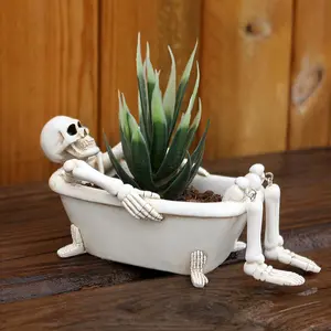 Creative Halloween Skull Flower Pot, 6.37 Inches Bath Tub Planter with Drainage Hole, Bathroom Soap Holder/Potted Plant Decor/Household Small Storage, Succulent Pot