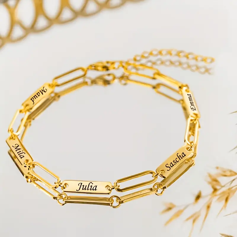 Personalized Gift Women Bracelet Golden Steel Color New Stainless Steel Engraved Names Customized Birthday Mom's Couples Christmas Day Gift