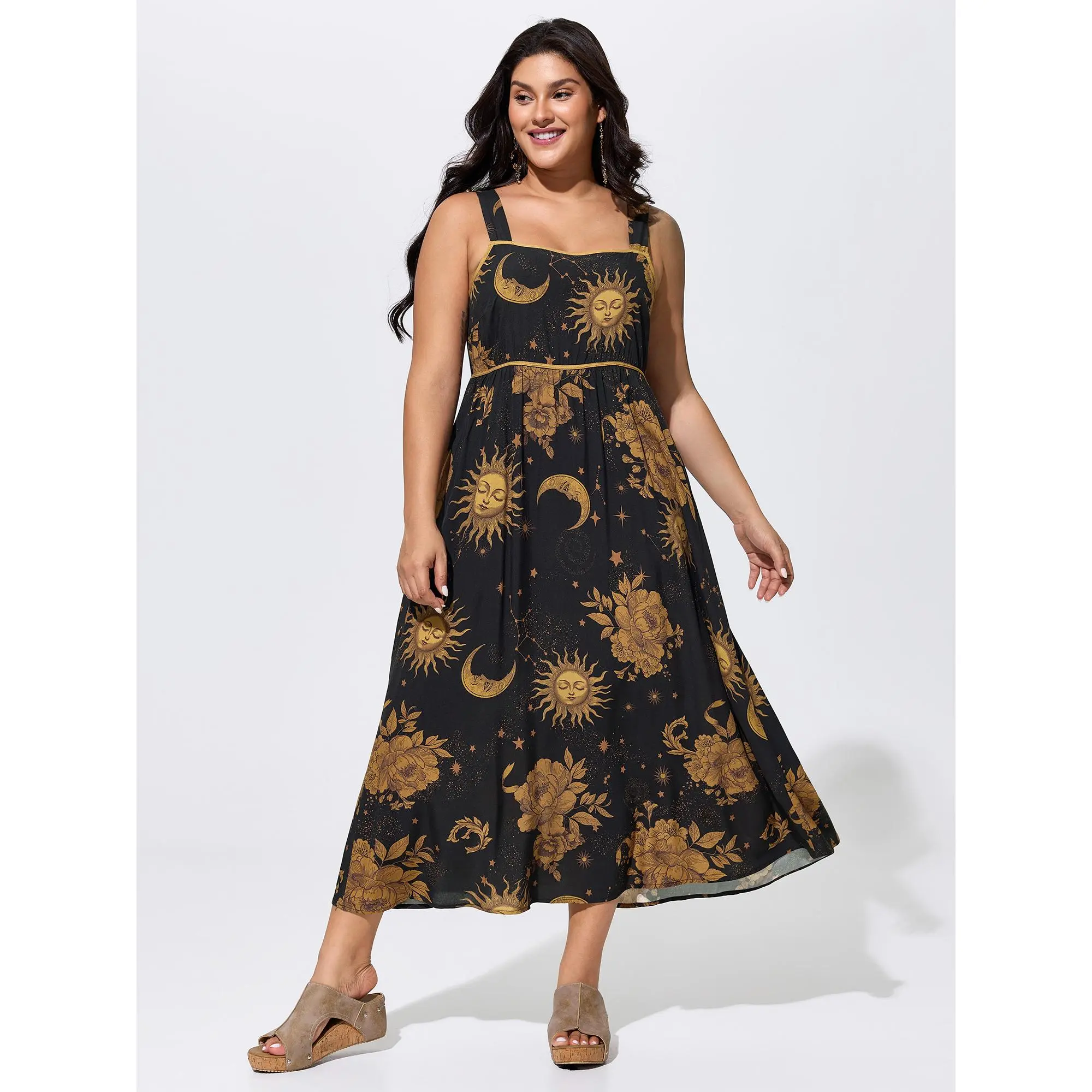 BLOOMCHIC Plus Size Celestial Print Wide Straps Midi Dress [M-6X],Summerfinds