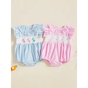 Baby Toddler Girl Easter Romper 3 6 12 18 Months Short Sleeve Ruffle Collar Bunny Embroidery Smocked Bodysuit Newborn Outfit