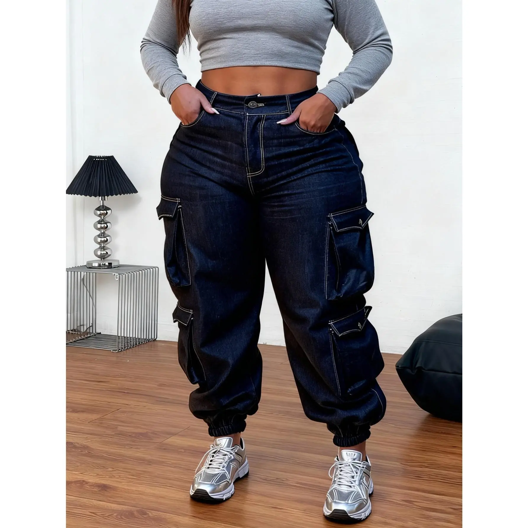 Women's Plus-Size Modest High-Stretch Cotton Cargo Joggers - Tapered, Slim Fit, Flap Pockets, Slant Pockets, Zipper, Vintage Wash Blue, Machine Washable, All Seasons, Ideal for Work & Casual Use, Bottom, Lady, Clothes