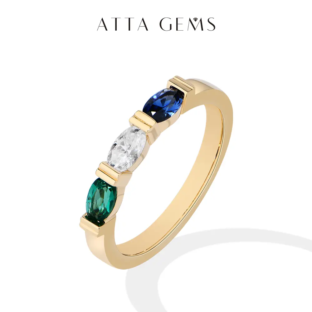 Oval Cut 3-Stone Engagement Ring Band in 925 Sterling Silver for Women with Lab-Created Moissanite, Sapphire & Green Gemstones, Solitaire Oval Ring, Elegant Ring