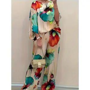 Women's elegant printed satin two-piece set: round neck top and wide leg pants