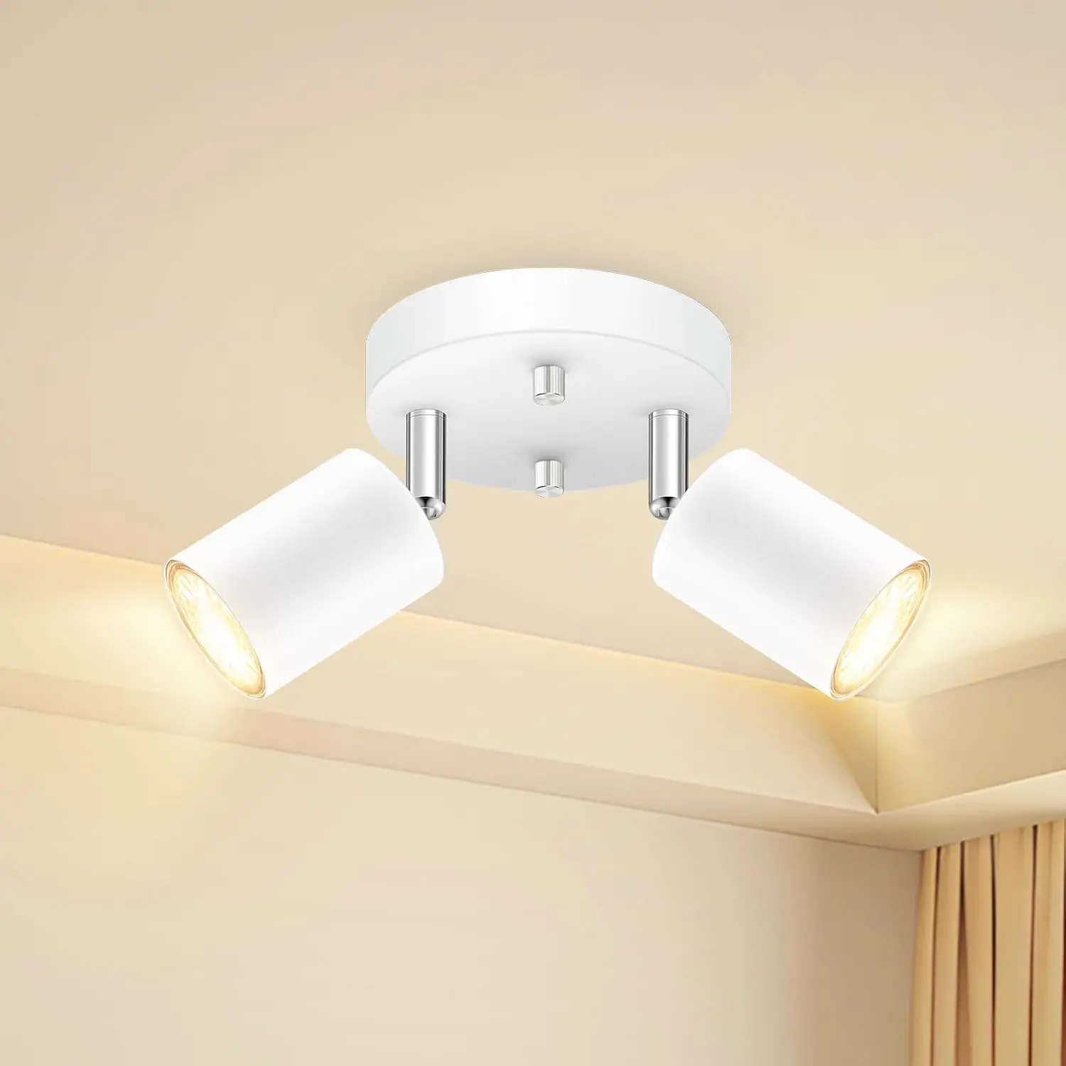 LED 2 Light Track Lighting Kit, LED Track Lighting Fixtures, White Round Ceiling Spot Lighting, Flexibly Rotatable Light Head for Kitchen, Living Room, Bedroom, GU10 Bulb Not Included