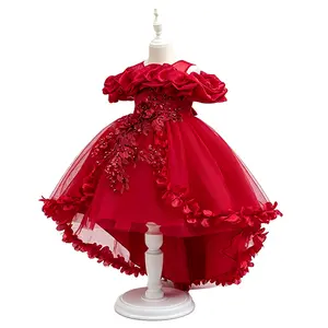 Girls Princess Dress High Low Long Train 3D Flowers Halloween Costume Spooky Party Outfit Trick or Treat Fancy Dress Up Gown Birthday Performance Elegant Style，mothersdaygift