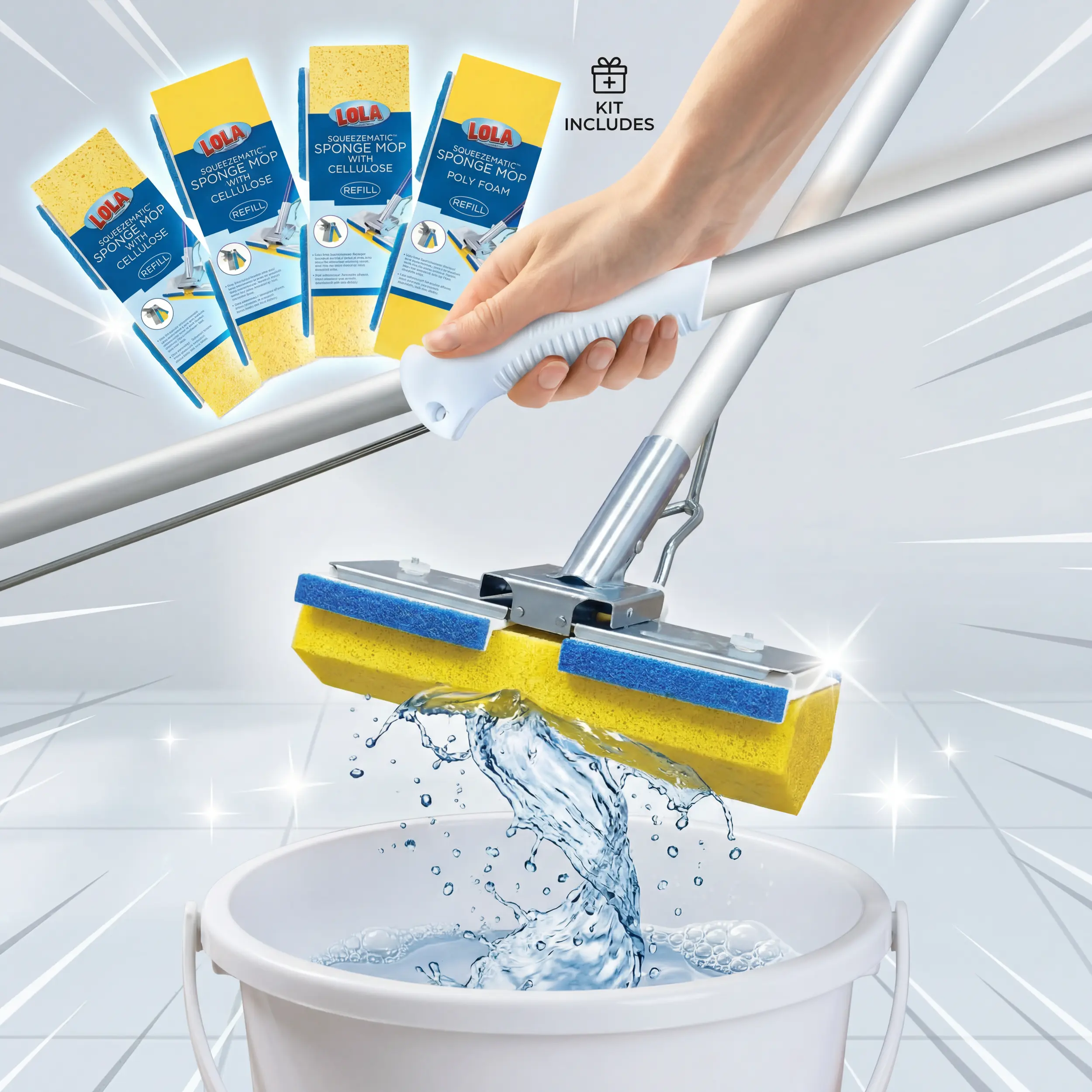 Lola Squeezematic Butterfly Automatic Sponge Mop Kit - Aluminium Long-Handled Wet/Dry Mop with Poly Foam Absorbent Scrubber, Easy-to-Assemble Refillable Reusable Home Care Cleaning Supply, 4 Refill Heads