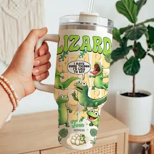 Funny Lizard Doodle Pattern Tumbler 40oz Cute Green Gecko Cartoon Reptile Lover Gift Cup With Handle And Straw