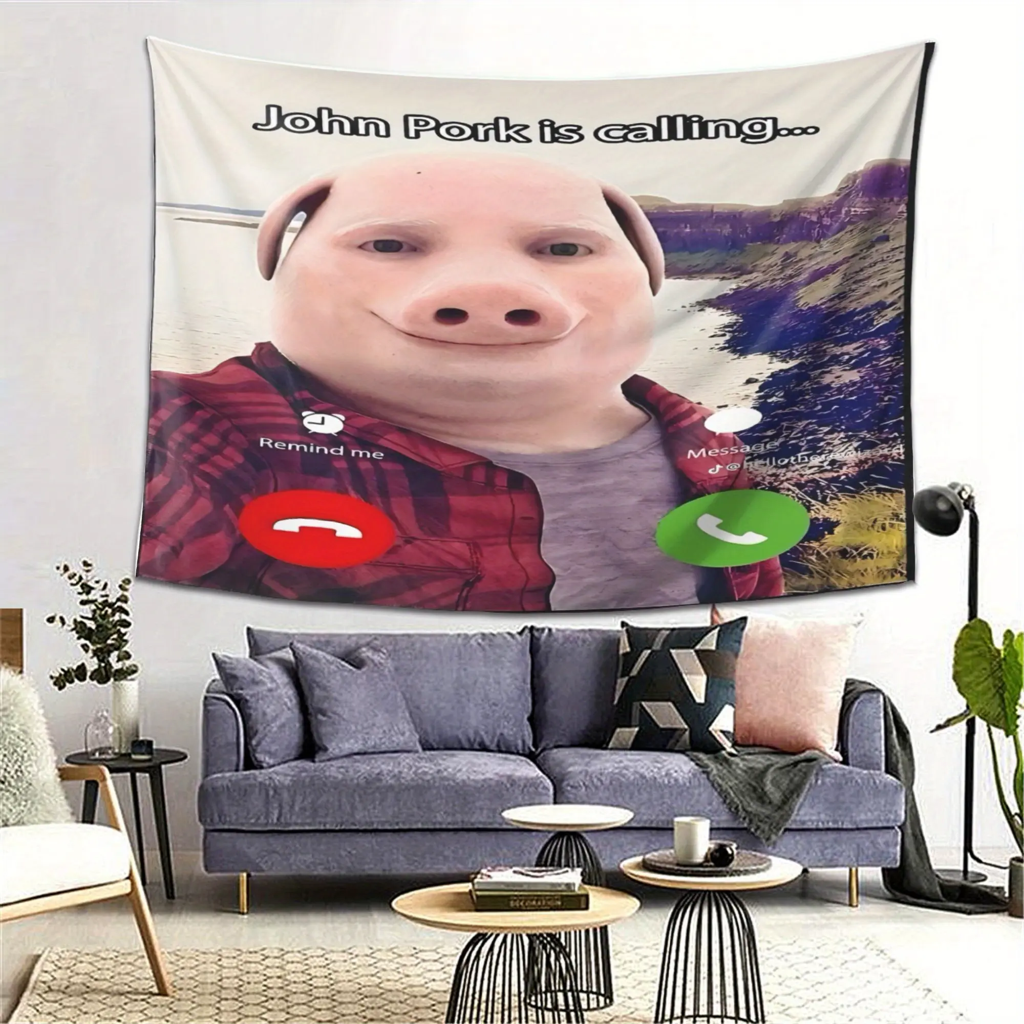 John Pork Tapestry Wall Hanging, Humorous Cartoon Pig Design, Soft Peach Light Beige Fabric, Horizontal Decorative Tapestry for Living Room, Bedroom, Office, or Party Decor, Perfect Gift Idea, Wall Decor Tapestry