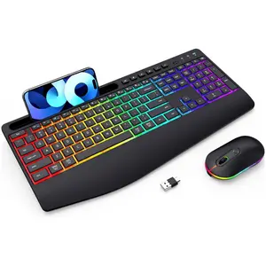 Wireless Keyboard & Mouse Set, Rechargeable RGB Backlight Keyboard & Mouse with Phone/Tablet Holder, Silent Ergonomic Wireless Keyboard Mouse Combo