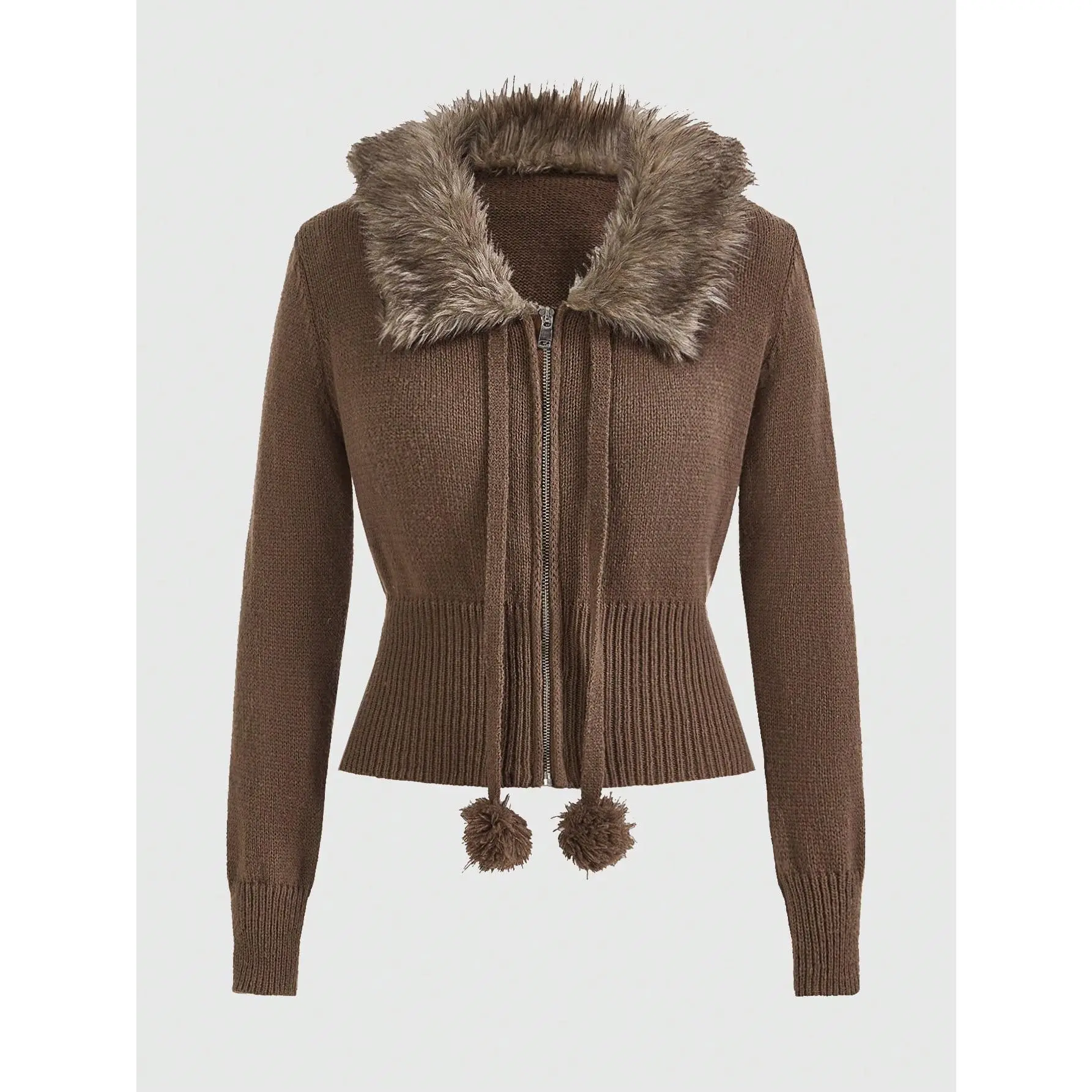 Women's Soft Knit Fabric Zip-Up Collar Long Sleeve Cardigan Sweater - Fuzzy Casual Outerwear for Suits