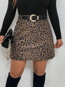 Women's Comfortable Casual Leopard Print Woven Cotton H-Shape Slim Fit Fitted Medium-Thick Mini Dress, Plus Size Womenswear Bottom Fashion Skirt, Casual Skirts