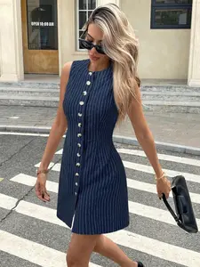 Elegant French Vintage Round Neck Single Button Waist-Centric Mid-Length Striped Sleeveless Vest Dress, Denim Bodycon Style Day Casual Wear for Women, Casual Fitted Dress