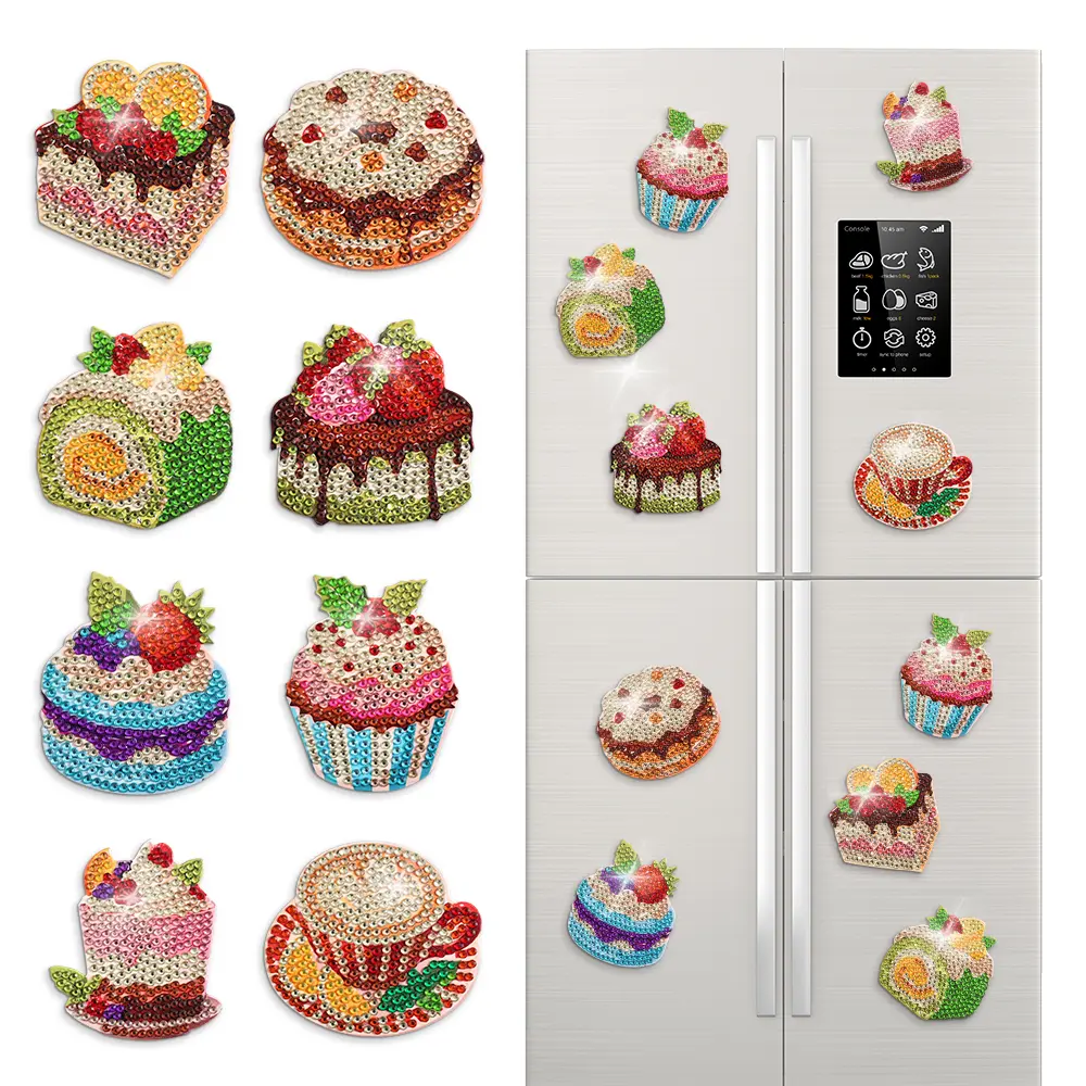 8pcs Diamond Art DIY Kit for Adults - Food Theme Round Gems, Beginner-Friendly Easy-to-Use Fun and Engaging Magnetic Craft, Fridge-Attachable Party Decorations