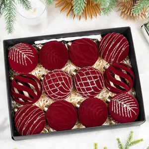 12 Pcs 3.15 inch Velvet Christmas Tree Ornaments Bulk,6 Styles Red Flocked Christmas Balls Plastic Shatterproof Xmas Hanging Ornaments Decorations Set for Tree Garland Wreath (Burgundy)