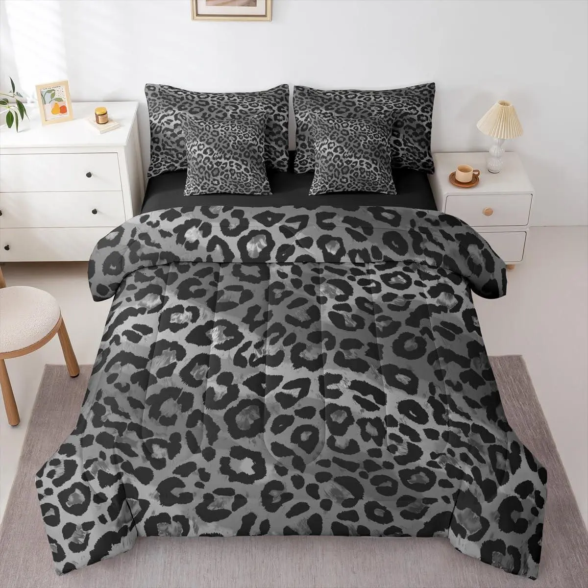 Black Grey Leopard Comforter Set with Sheets 7 Piece Cheetah Leopard Animal Bed in a Bag Wild Safari Pattern Bedding Set Bedroom Decor Soft Lightweight Microfiber