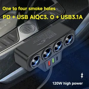 120W Car 4-Socket Adapter  Car Power Socket Splitter with USB C Port & 75cm Long Cable 12V/24V With PD Fast Charge,QC3.0&PD 3 Charging Ports for  Vehicles 																	