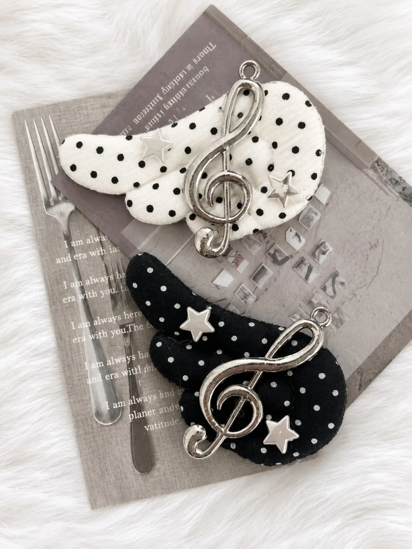 2PCS Music Note Angel Wing Cute Hair Clips | Black & White Polka Dot Barrettes | Aesthetic Hair Style Accessory, Clip Design Hair Accessories for Women Hair Decor