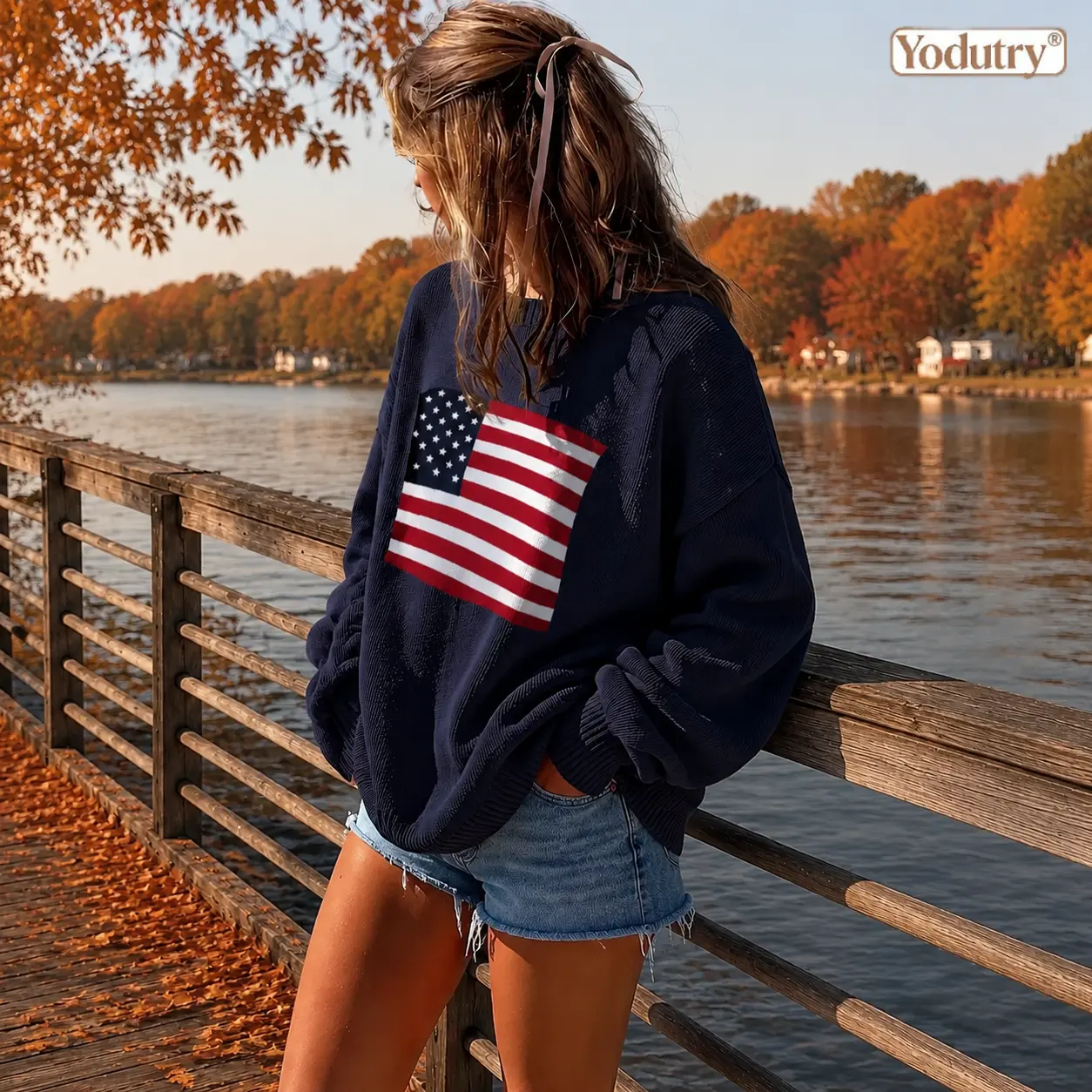 Yodutry | Women's Oversized Knit Sweater American Flag Pullover Long Sleeve Chunky Crochet Top Vintage Americana Aesthetics Fall Winter Y2K Clothes Slouchy Jumper