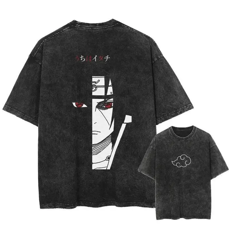 NARUTO Japanese Anime Uchiha Itachi Men's and Women's T-shirts Pure Cotton Washed Old Retro Y2k Harajuku Oversize Short Sleeves Menswear Top