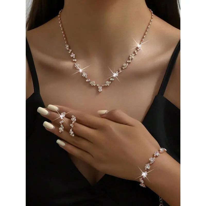 4pcs/Set Gold-Color Minimalist Delicate Claw Chain Necklace Earrings Bracelet Set, Fashion Accessories For Prom Or Party 4pcs/Set Gold-Color Minimalist Delicate Claw Chain Necklace Earrings Bracelet Set, Fashion Accessories For Prom Or Party