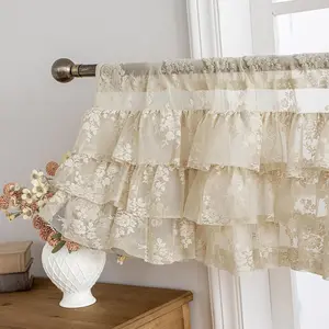 Beige Lace Ruffle for Windows 1 Panel W52 x L18 Inch Rustic Floral Cottagecore Sheer for Window Over Sink, Rod Privacy Short Ruffled 18 Inch Length