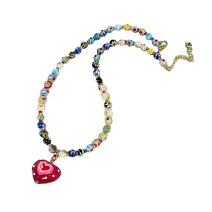 Colored  Bead Coloured Glaze Necklace Summer Red Love Jewelry