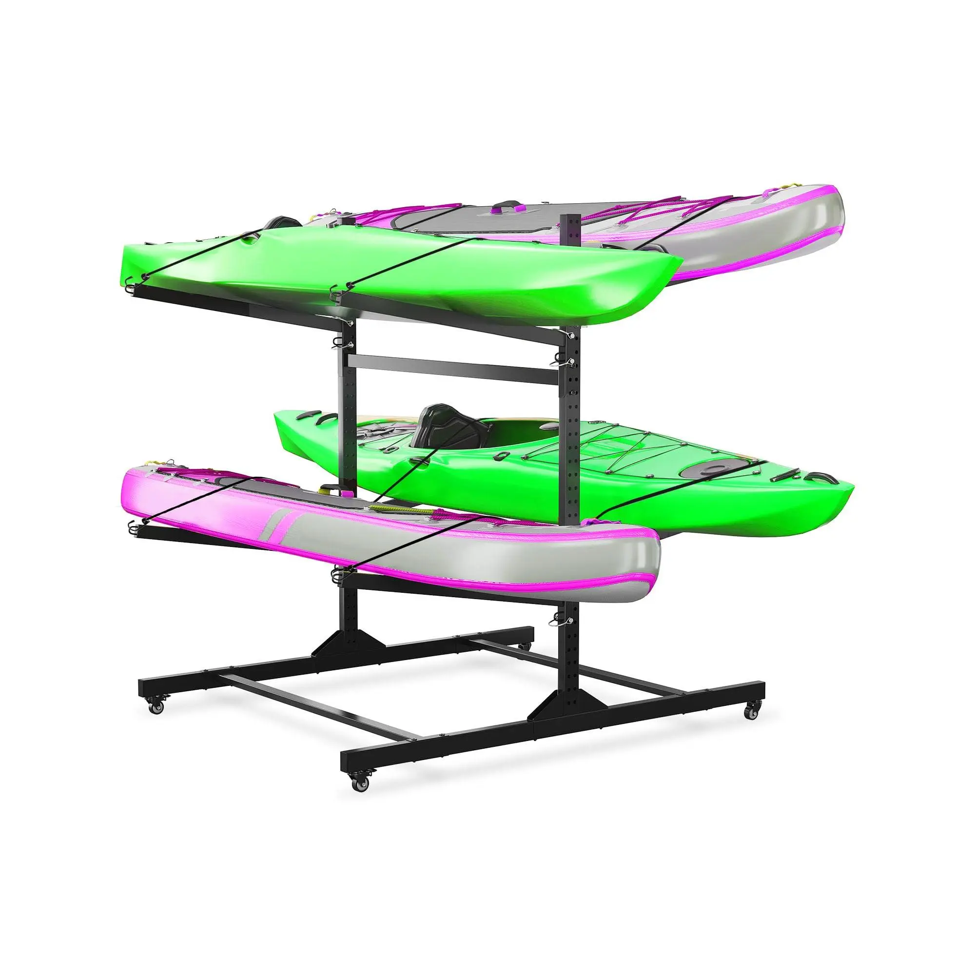GARVEE Kayak Storage Rack for 4 Kayaks Freestanding Kayak Rack for Outdoor Storage with Movable Wheels, Heavy-Duty Steel Kayak Hanger Holder with Hanging Straps