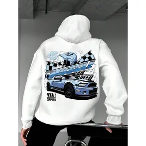 Men's Cotton Long-Sleeve Graphic Hooded Pullover Tops, Car & Letter Print Thermal-Lined Lounge Sweatshirt, Regular-Fit Menswear with Drawstring Pocket, Casual Streetwear for Daily & Outdoor Use (Spring & Fall)