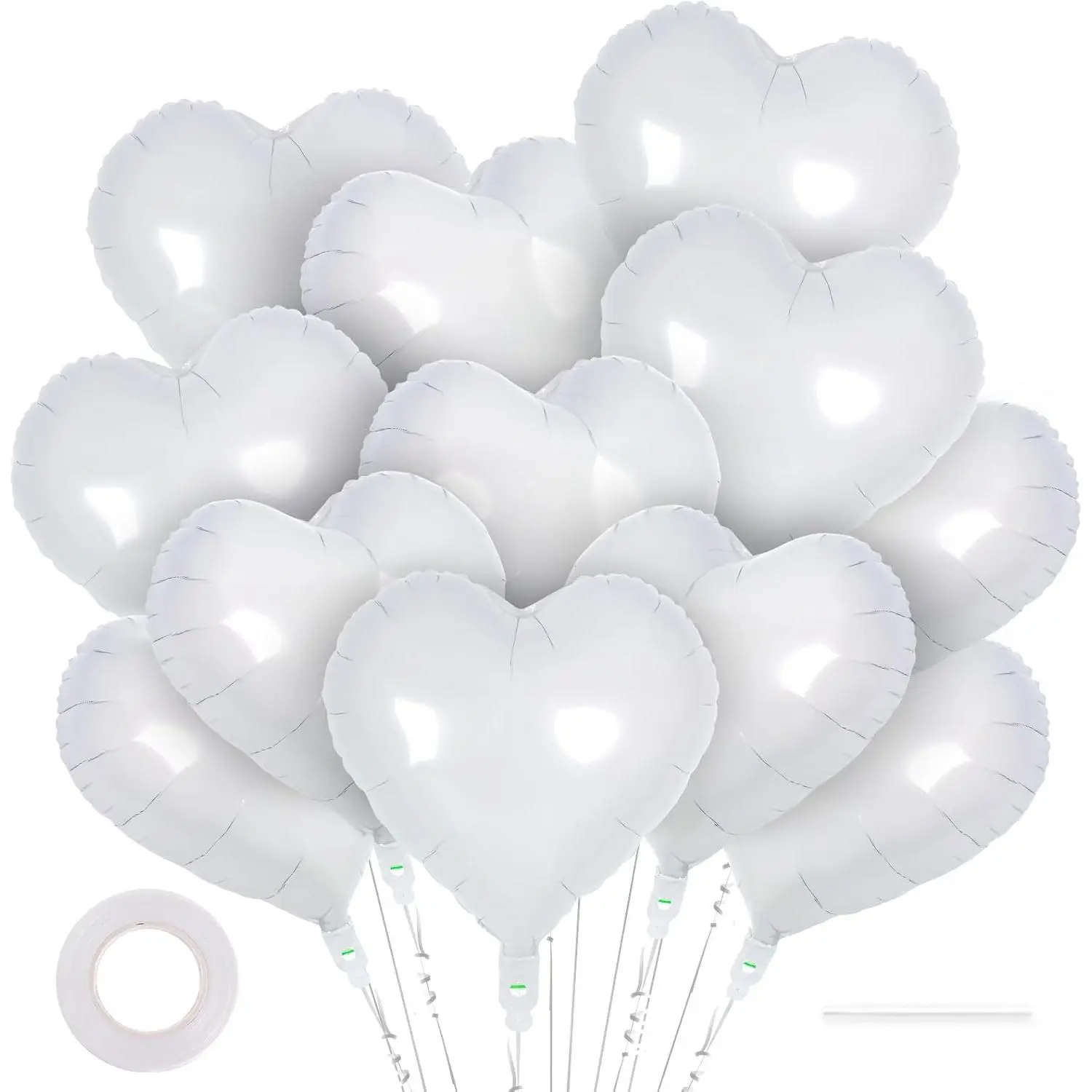 18-Inch Glossy White Heart-Shaped Aluminum Foil Balloons (12 Pcs with Pump) - Lightweight, Reusable, Easy to Hang and Carry, for Birthday, Wedding Decor, Balloon Garland, Photo Backdrops