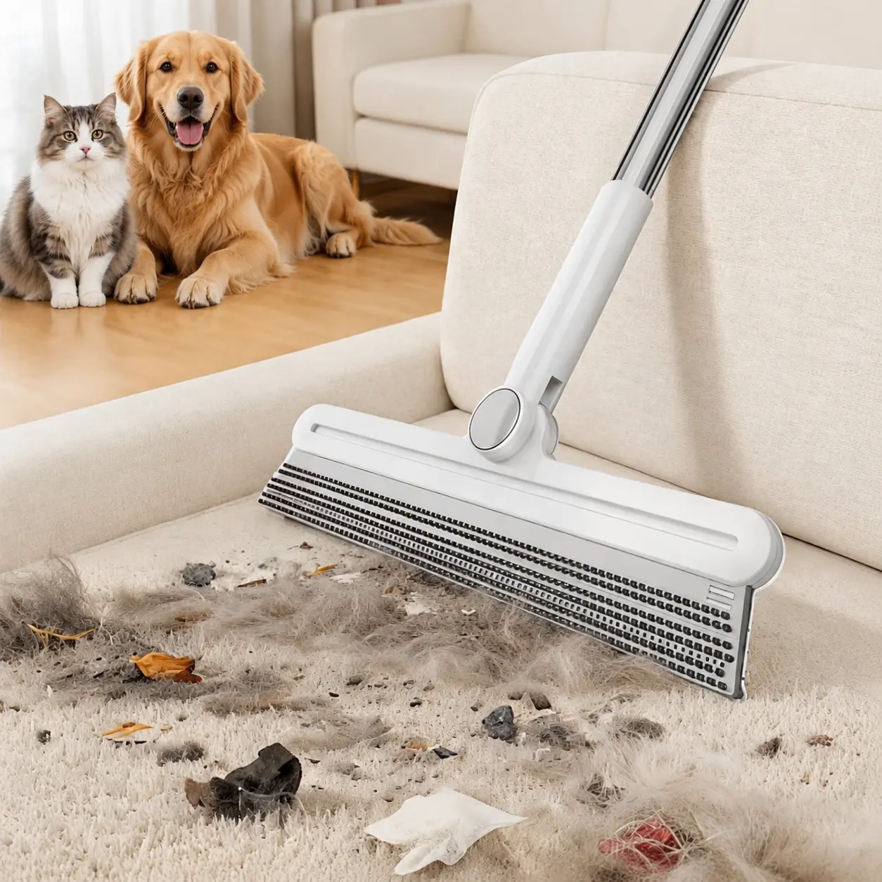 2PCS Multi-Surface Silicone Broom Squeegee Set, Pet Hair Remover Floor Scrubber with Double-Sided Cleaning Head & 180° Rotating Design for Carpet, Floors, Bathroom and Home Cleaning
