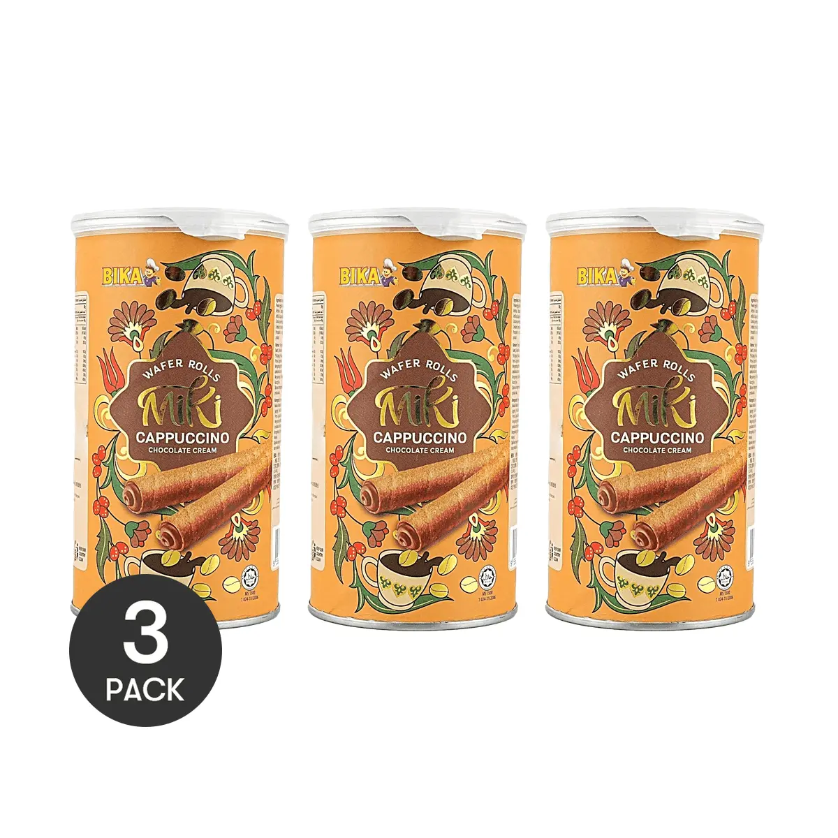 3 Pack BIKA Malaysian Cappuccino Cream Wafer Rolls 3.17 oz Each - Coffee Flavor Crispy Snack