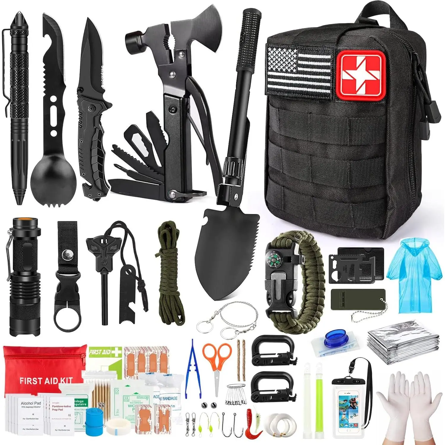 Kits,222 PCS Emergency Gear First Aid Kits with Molle System Compatible Bag Outdoor Camping Gear Emergency Kits for Hunting,Hiking,Fishing, Gifts for Men Women
