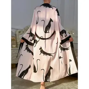 Women's Cat Print Belted Robe, Chic Elegant Long Sleeve Dressing Gown, Ladies Sleepwear for All Seasons, Womenswear