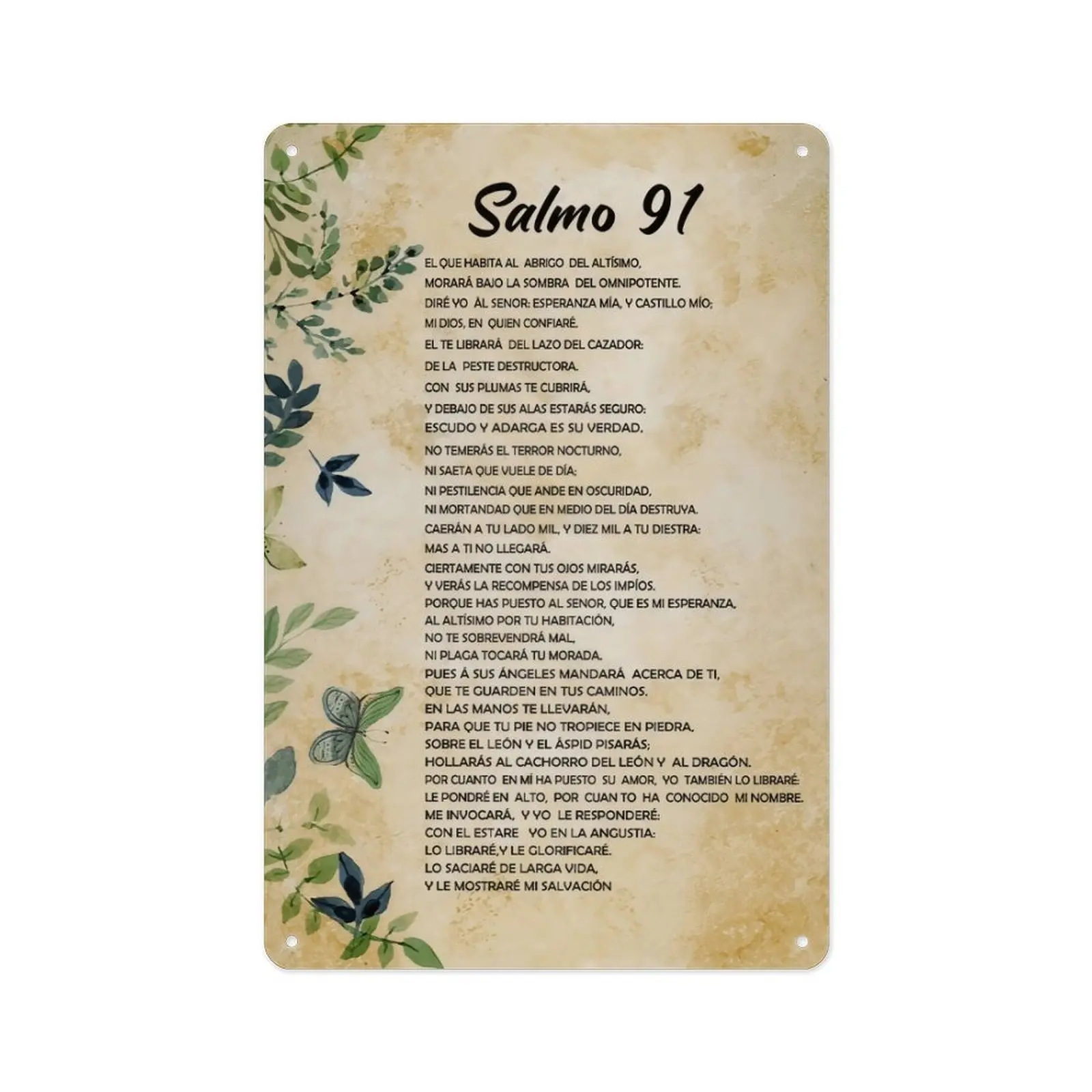 12x8in Religious Christianity Rust-Proof Metal Wall Art, Spanish Salmo 91 Bible Verse Aluminum Plaque Sign with Butterfly Accent, Pre-Drilled Hang Decor, Waterproof Indoor/Outdoor Faith Gift for Spanish Speakers’ Homes