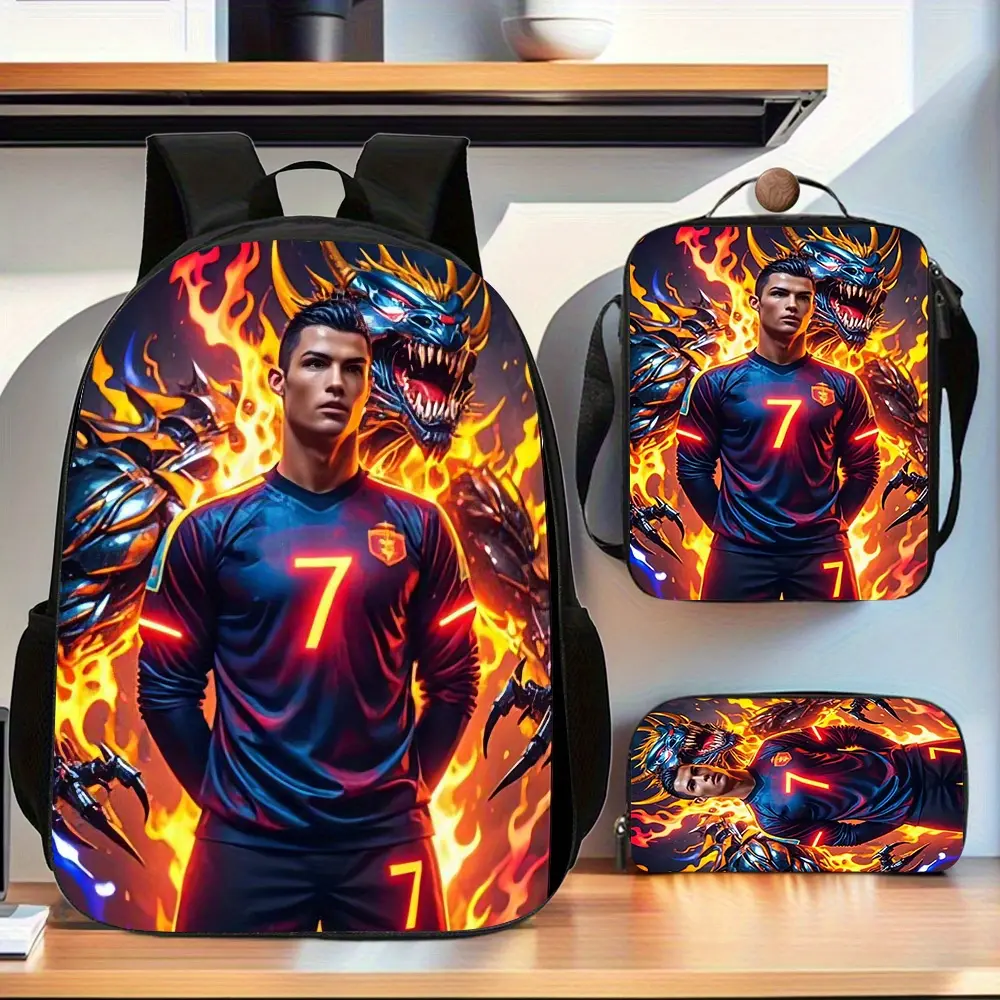 Cristiano Ronaldo CR7 3PCS Backpack Set, Soccer Player with Fire Dragon Print School Backpack with Lunch Box & Pencil Case, Lightweight Durable Daypack for Fans, Ideal Football Sports Style School Supplies Gift