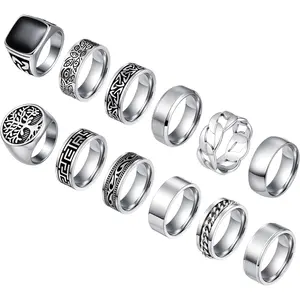 12Pcs Stainless Steel Vintage Signet Rings for Men Square Pinky Thumb Chunky Thin Band Wedding Ring Vintage Biker Band Rings Set 7-13