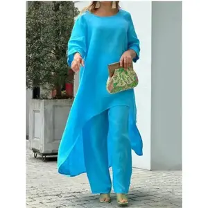 Women’s Cotton-Linen Long Pants Two-Piece Set – Fashionable Solid Color, Casual, Asymmetrical Top, Wide-Leg Pants, Suitable for Office Ladies