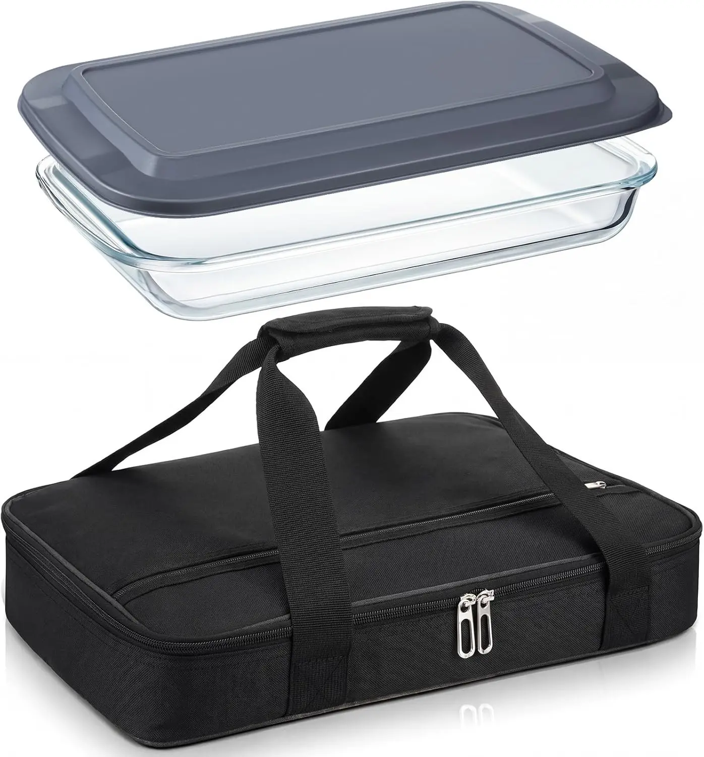 Glass Baking Dish with Lid Glass Casserole with Carrier 9 x 13 Inch Insulated Bag for Hot or Cold Food Deep Casserole Dish for Oven Potluck Party Picnic Cookouts (Black)