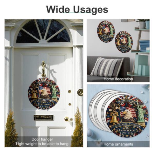 Custom America 250th Anniversary Door Sign, Personalized Family Name Patriotic Door Hanger, USA 1776–2026 Fourth of July Decoration, Independence Day Front Door Decor Design 8*8inch Ornaments