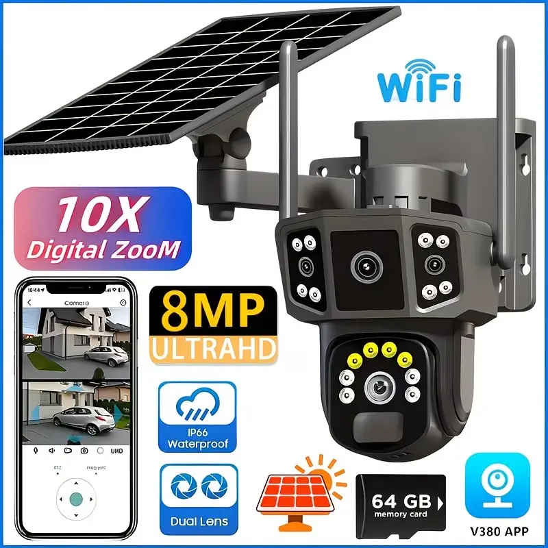 4K/8MP Solar-powered Outdoor Security Camera, 2.4GHz Wi-Fi, Pan/tilt, Dual Lenses, PIR Human Detection, Color Night Vision, Home Solar-powered Security Camera | Wireless Outdoor 355° Panoramic View, IP66,home safety,smart motion,security gadget