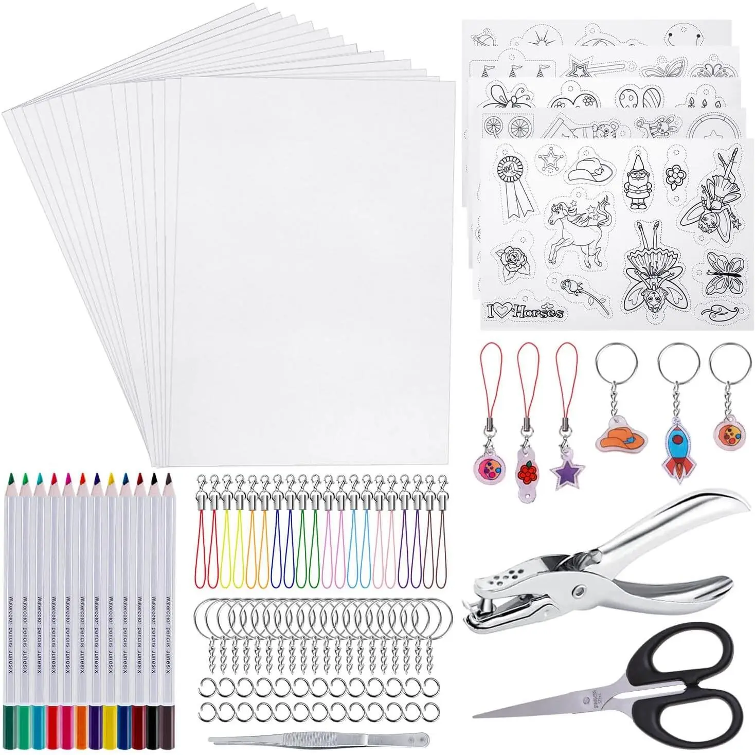 Shrinky Film Sheets for Shrink Art, 125 count Shrinky Plastic Keychain Kit Including 20 count Shrinky Paper, Hole Punch, Pencils, Keychains, Tweezers,  for Crafts and Keychains